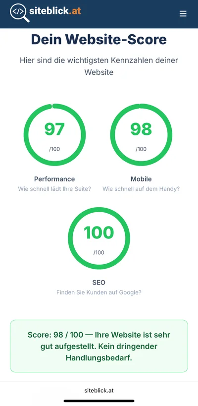 siteblick.at Website-Score: 97 Performance, 98 Mobile, 100 SEO